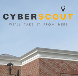 CyberScout logo over blue sky with roof of bank building showing